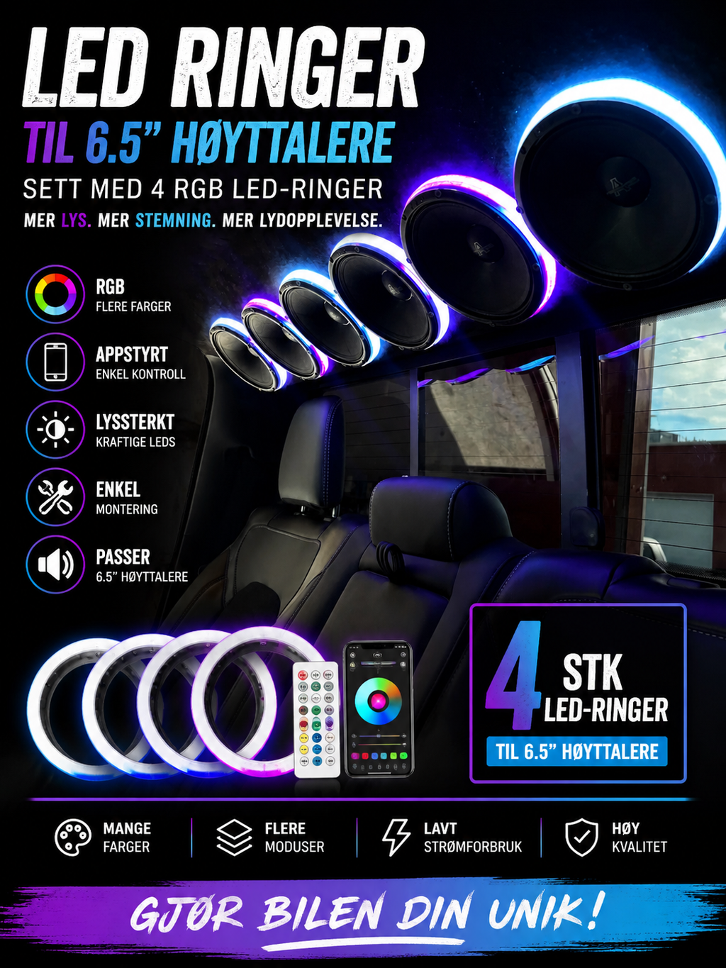 RGB LED Ringer 6.5” – 4 stk (Høyttalerbelysning)