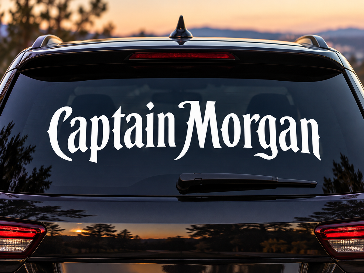 Illustrasjon av Captain Morgan-bildekal på mørk bilbakrute