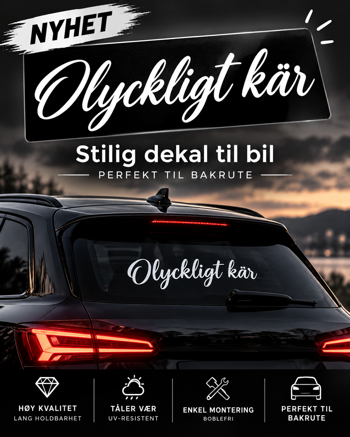 Illustrasjon: Olyckligt kär hvit bildekal på en mørk bil