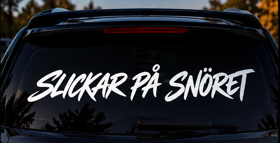 Illustrasjon: Slickar på snöret-dekal på mørk bakrute